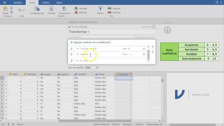 Videotutorial sobre cómo transformar variables en Jamovi